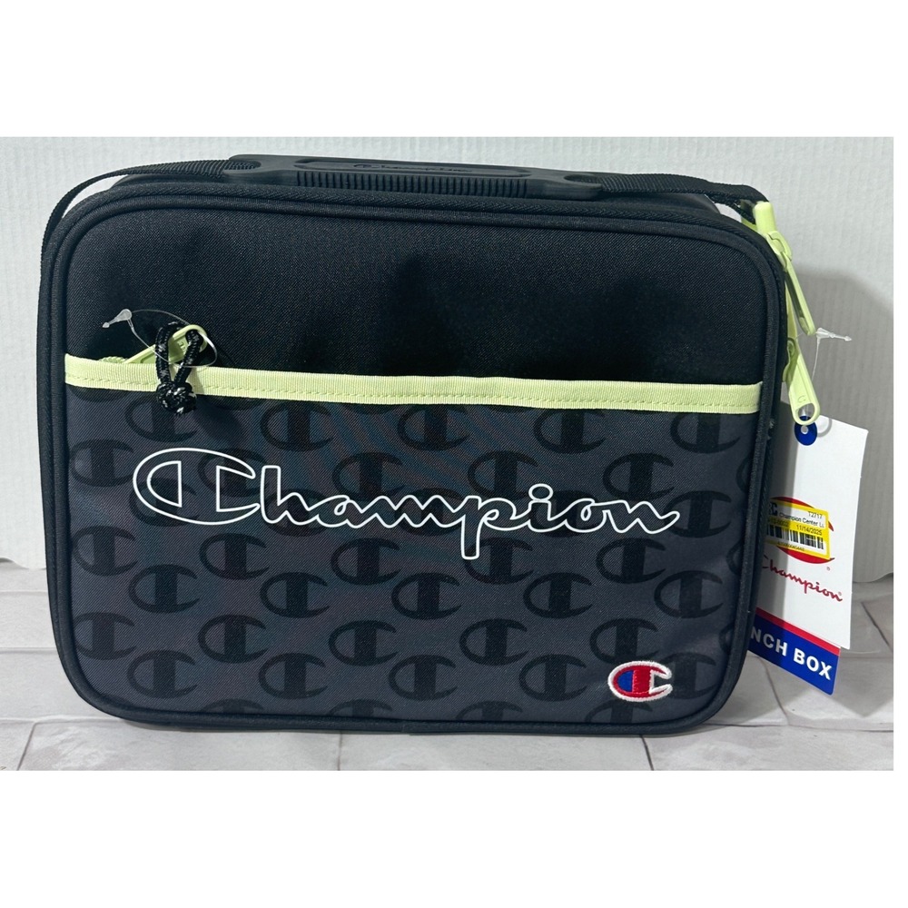 Champion Insulated‎ Lunch Box Black Lime Green Hard Shell Tray Logo Print NWT